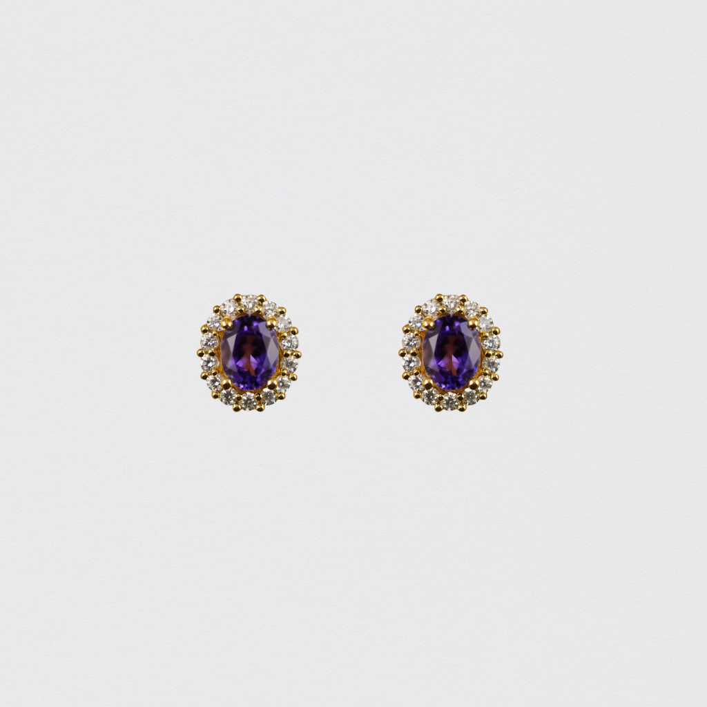 Gold Earrings with Oval Purple Stone and Crystals – 925 Sterling Silver