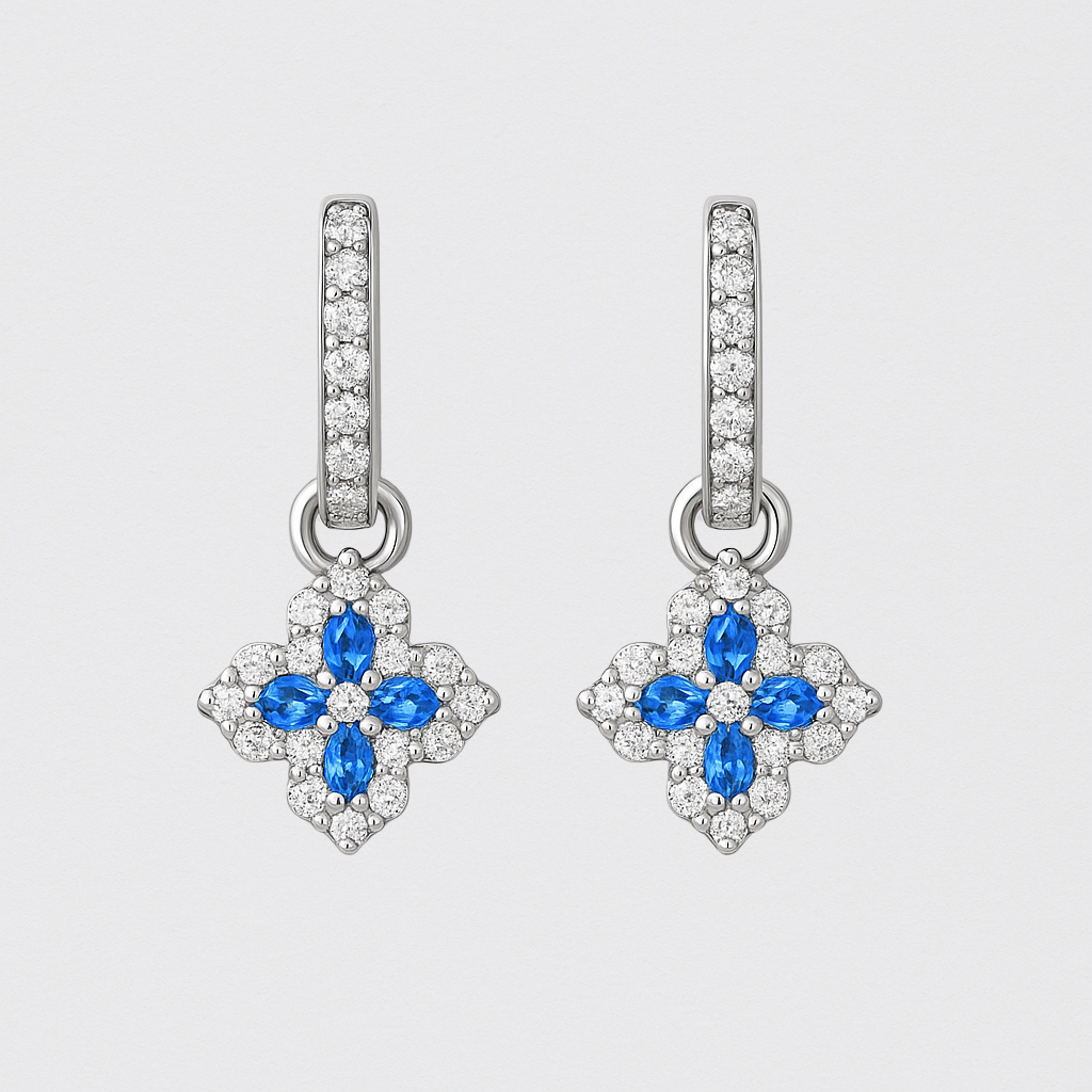 Silver Earrings with Blue Sapphires and Zirconias in the Shape of a Flower – 925 Silver