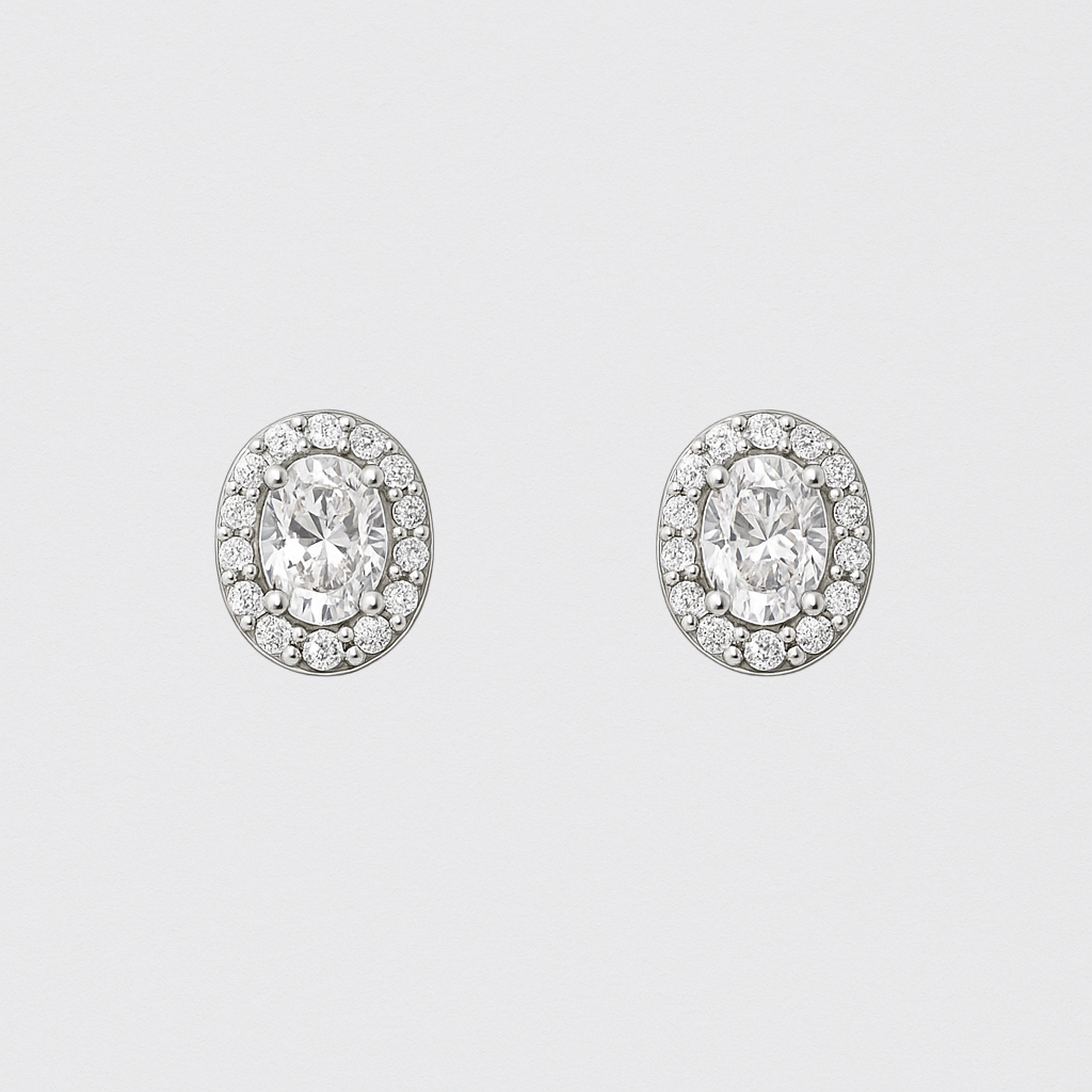 Oval Earrings with Central Zirconia in Rhodium-Plated 925 Silver – Classic Halo Style
