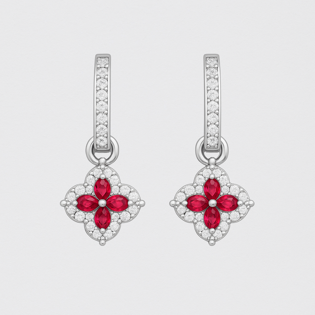 925 Silver Earrings with Red Crystals and White Zirconias – Sophisticated Floral Design