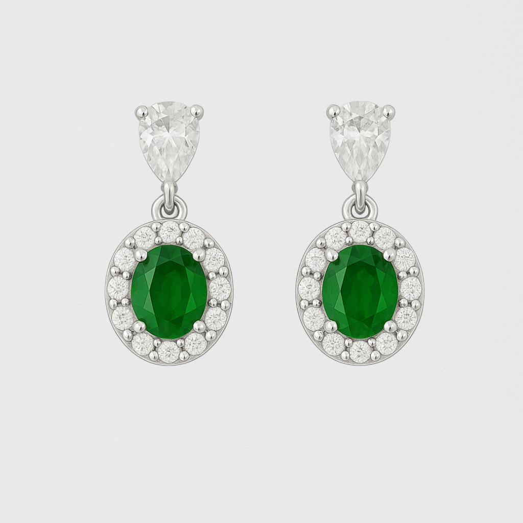 Elegant 925 Silver Earrings with Green Crystals and Zirconias