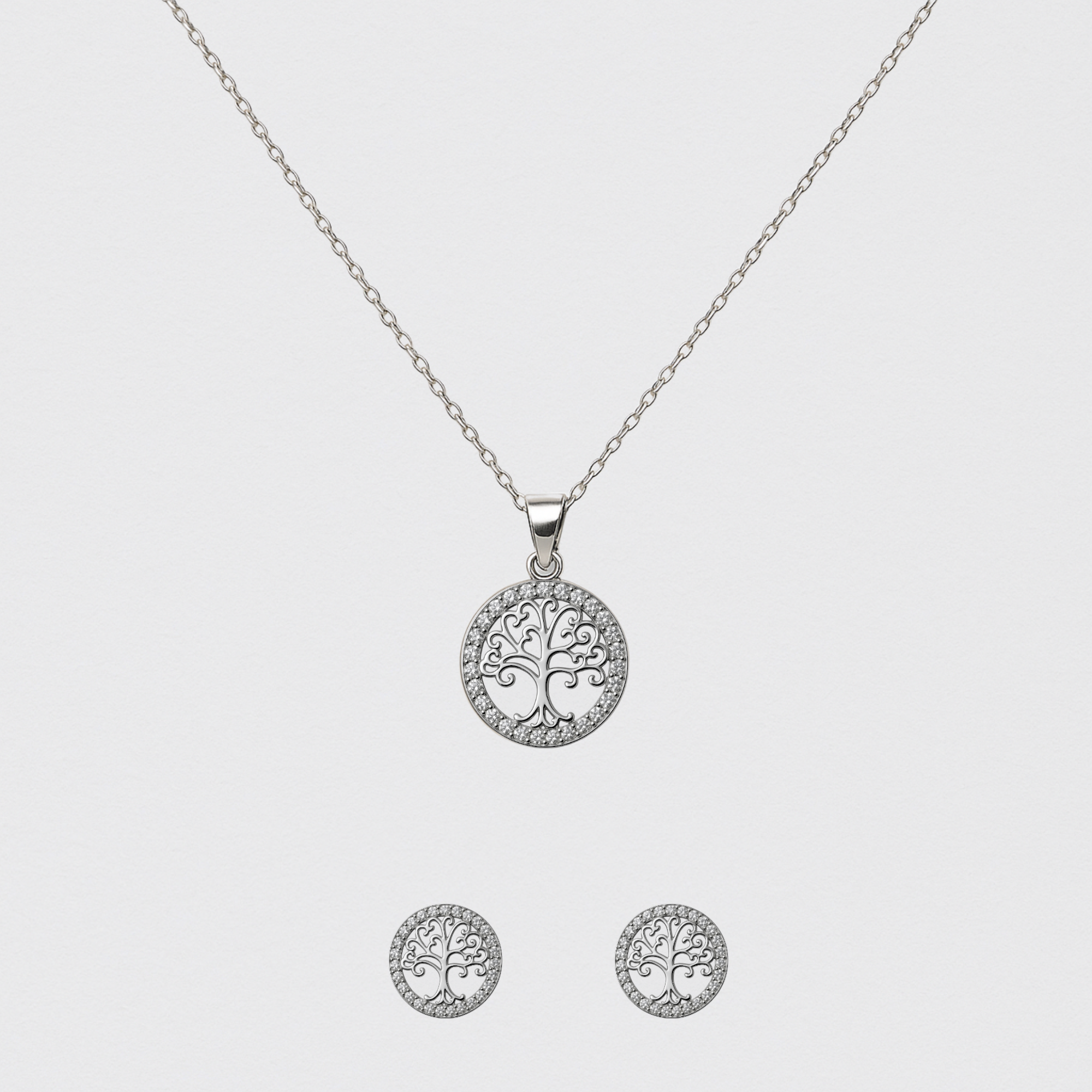 925 Silver Set with Rhodium Plating – Tree of Life with Necklace and Earrings