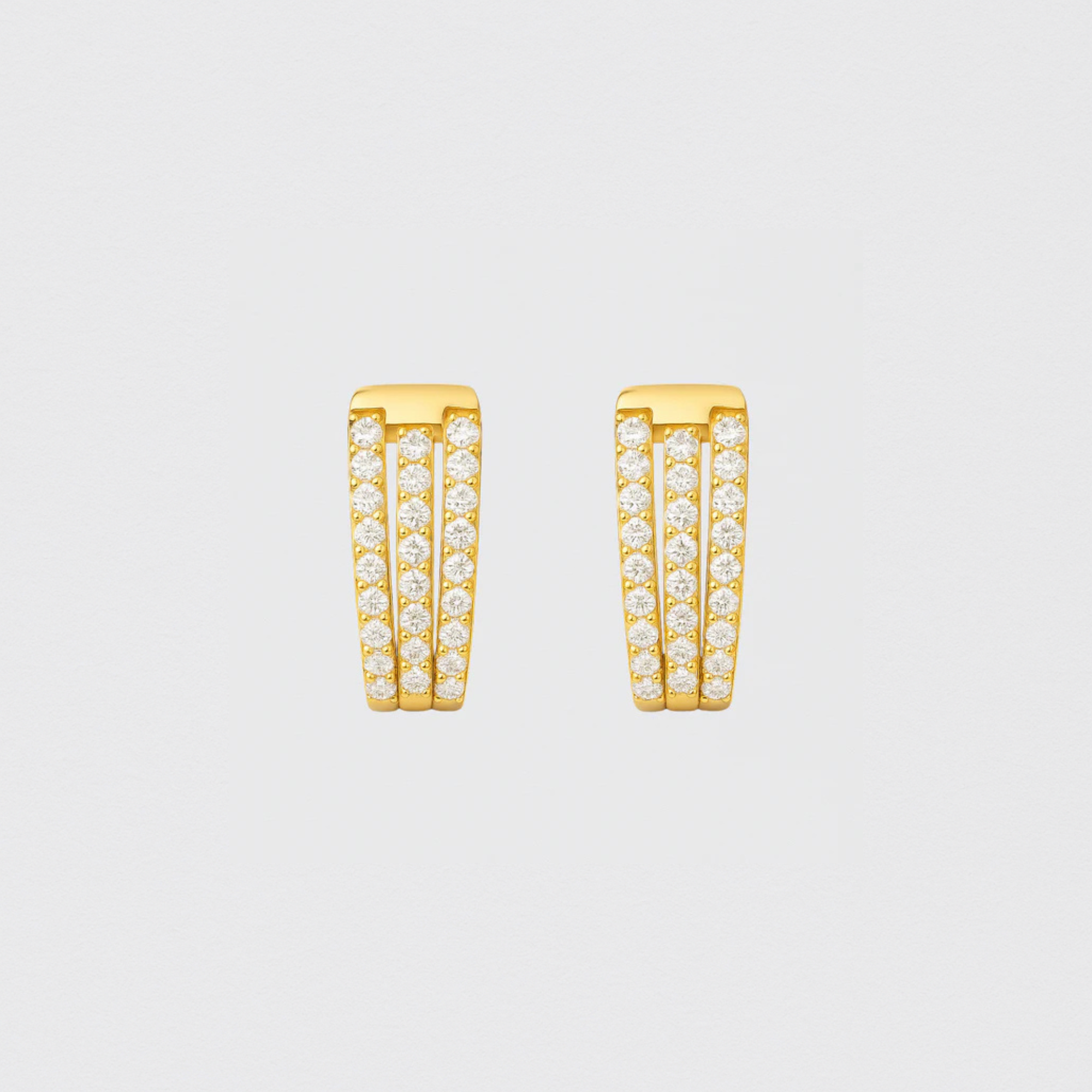 Gold Earrings with Three Rows of Zirconias in 925 Silver