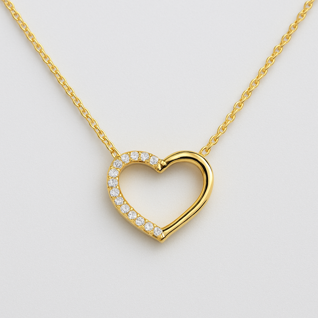 925 Silver Necklace with Hollow Heart and Zirconias – Adjustable up to 43 cm