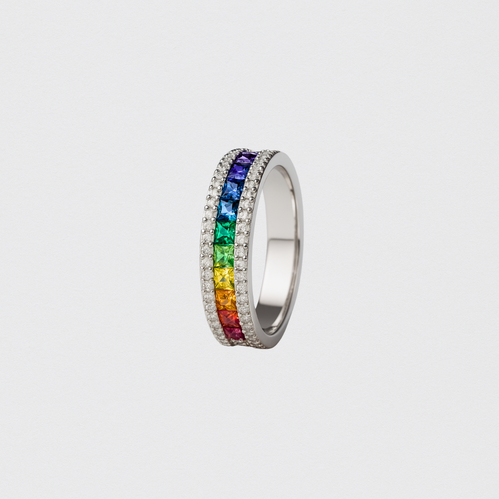 Rhodium Plated 925 Silver Ring with Multicolor Crystals – Size 54