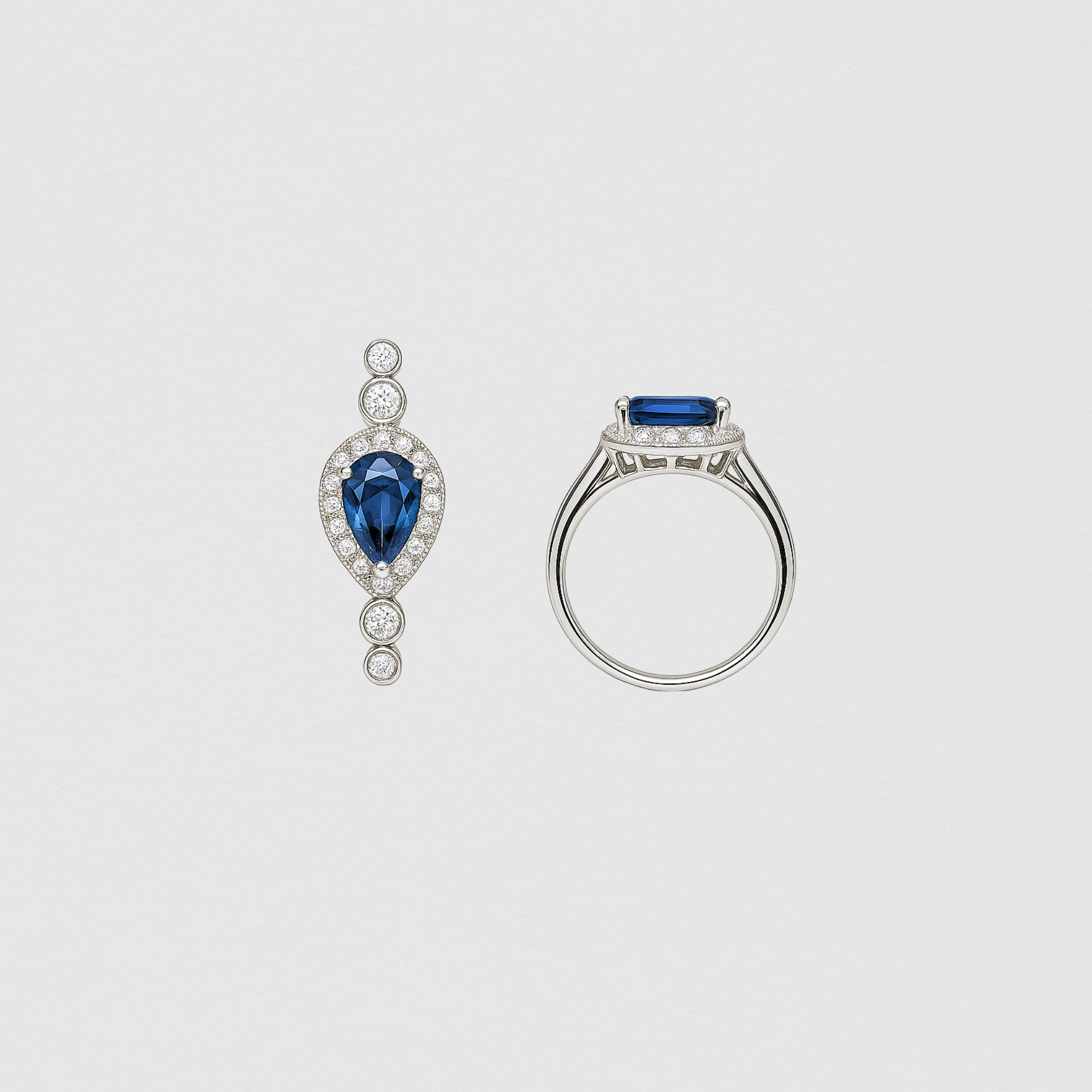 925 Silver Ring with Drop Sapphire and Crystals – Size 17