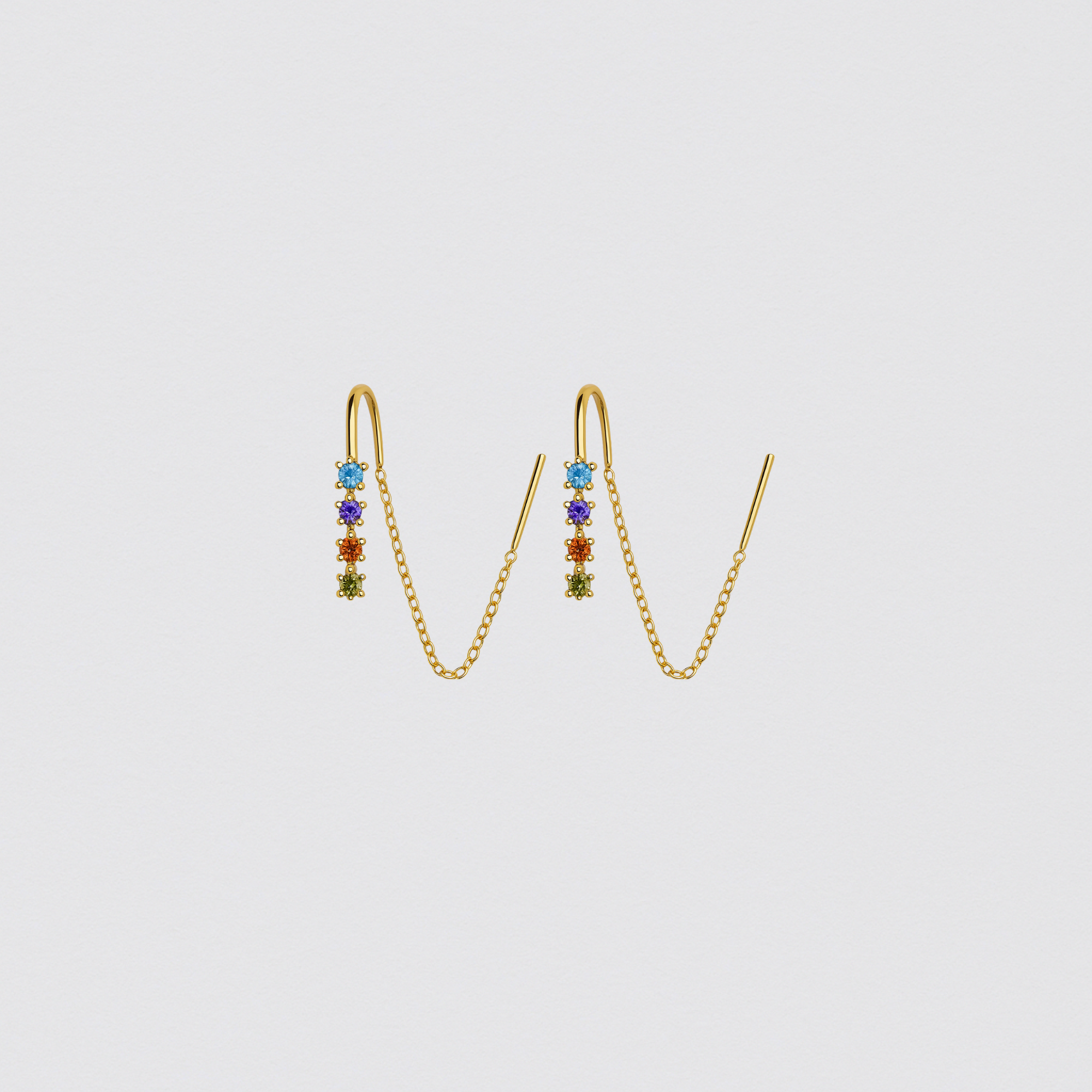 925 Sterling Silver Gold Chain Earrings with Multicolored Zirconias
