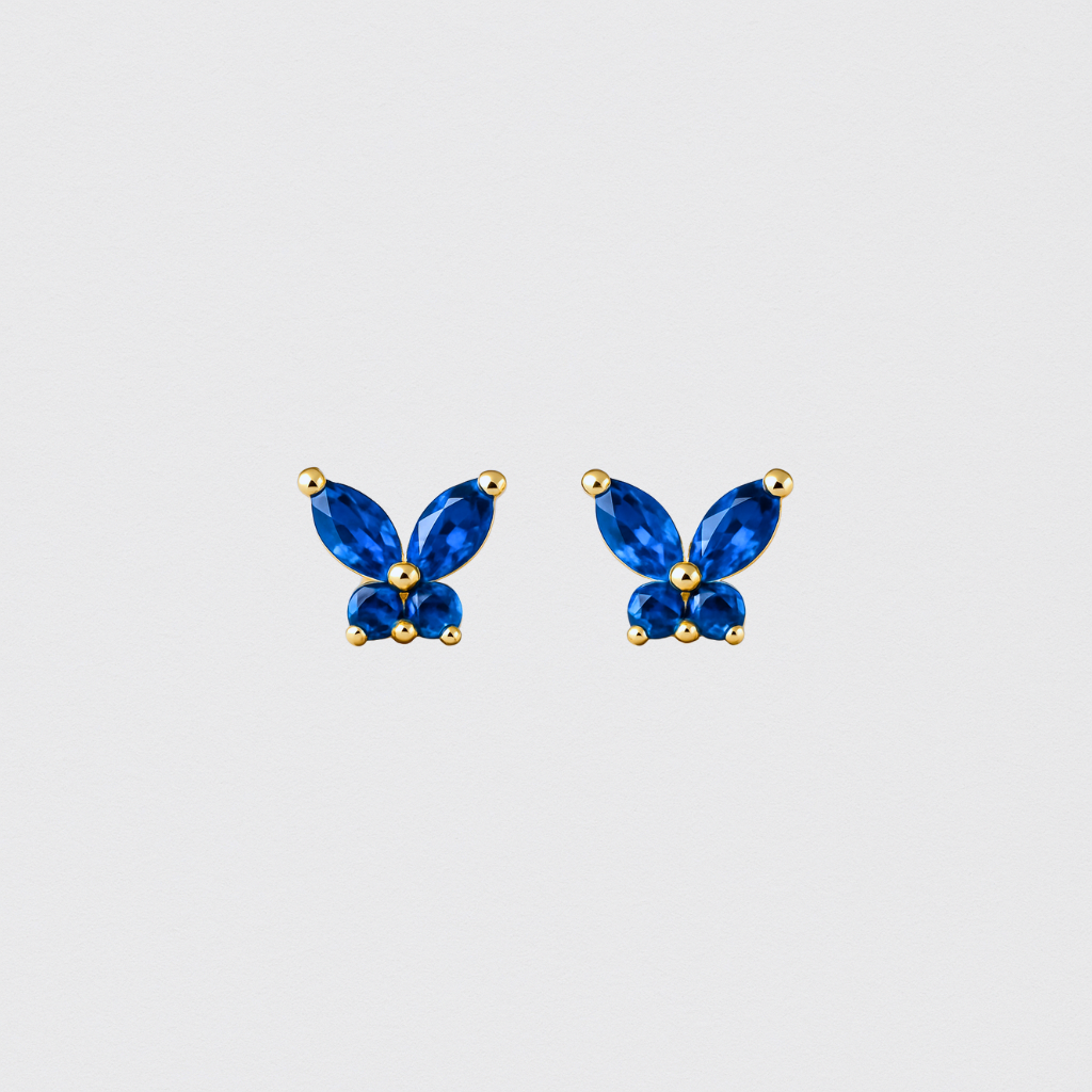 Butterfly Earrings with Blue Crystals in 925 Gold Plated Silver – 7mm