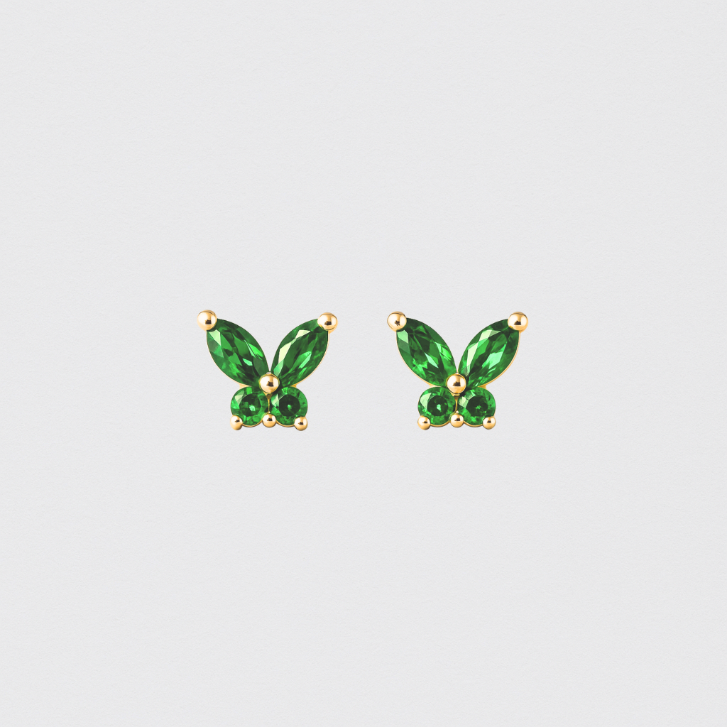 Butterfly Earrings with Green Crystals in 925 Gold Plated Silver – 7mm
