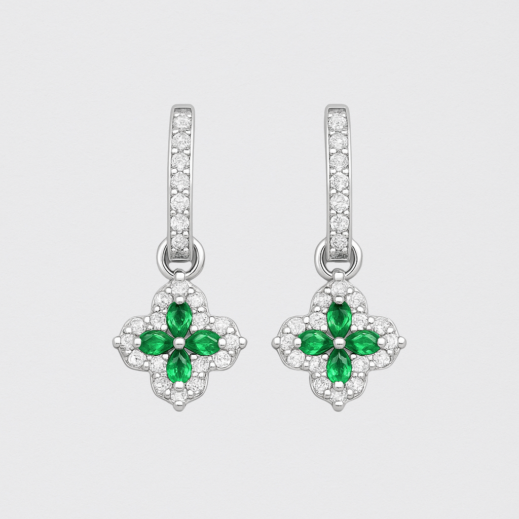 Earrings with Crystal and Emerald Stones in Rhodium-Plated 925 Silver 