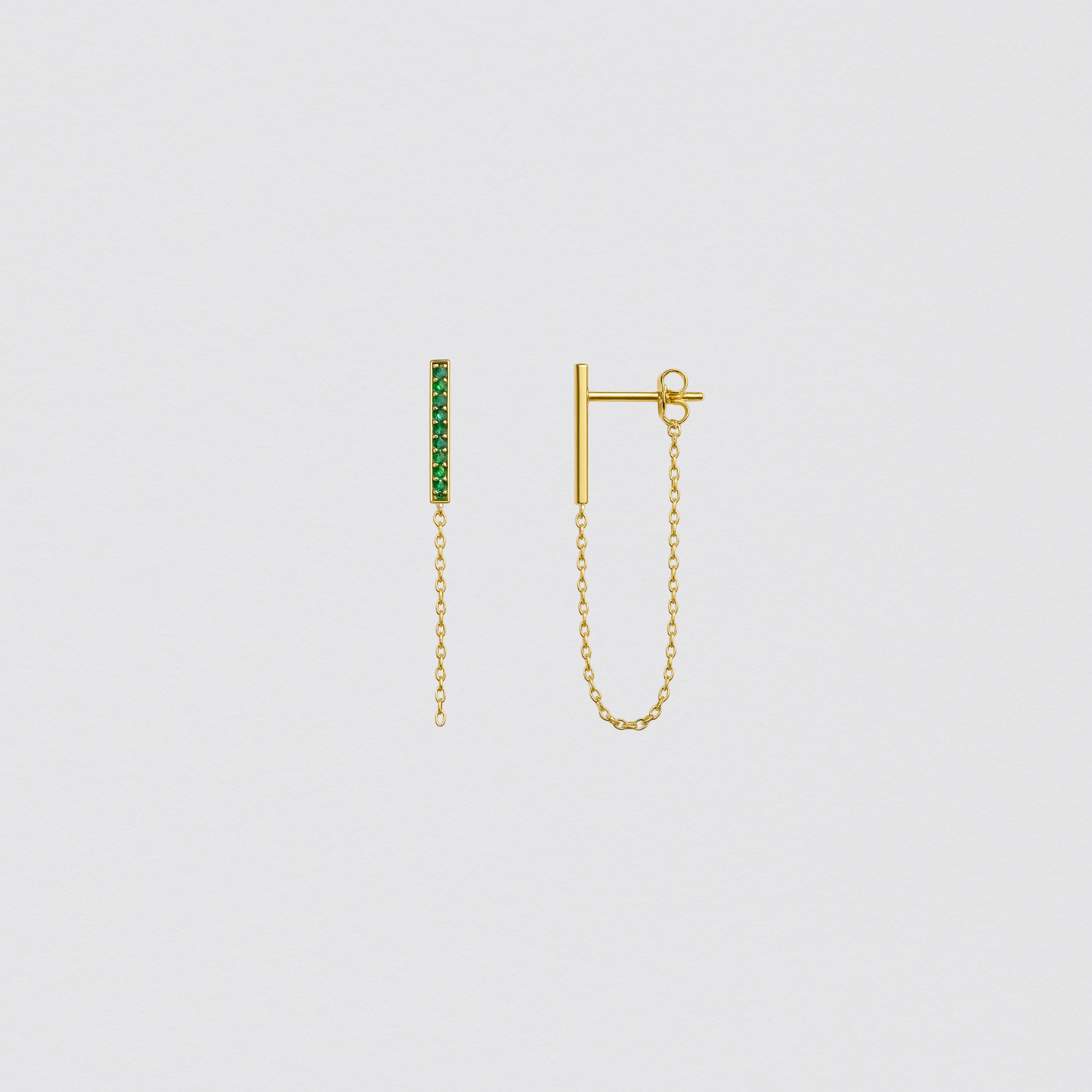925 Silver Gold Earrings with Double Chain and Green Crystals