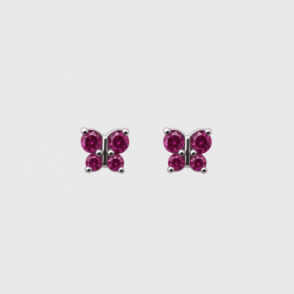 Rhodium Plated 925 Silver Earrings with Butterfly and Red Crystals