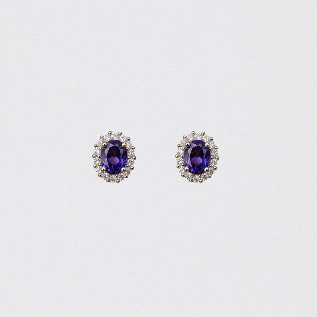 Silver Earrings with Oval Purple Stone and Crystals