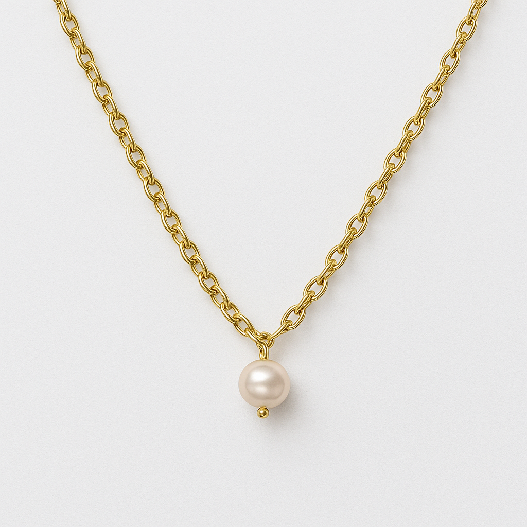 925 Silver Necklace with Gold Plated Pearl on Thick Chain