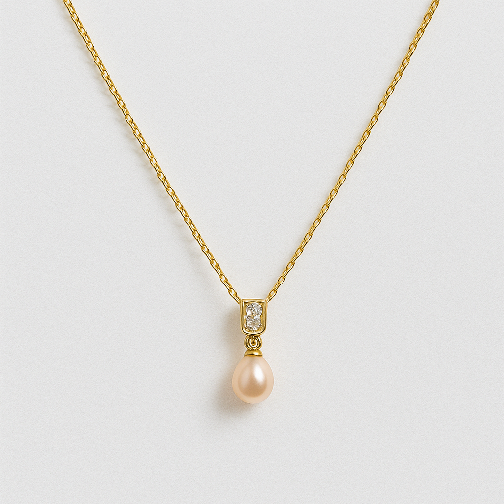 Colar de Prata 925 Dourada com Pérola Rosa e Pedra Central