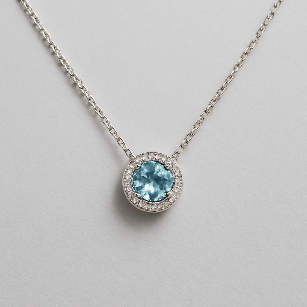 925 Silver Necklace with Aquamarine Blue Stone and Crystal Ring