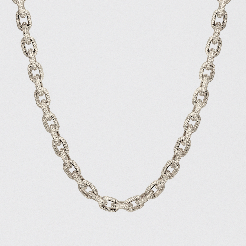 Rhodium Plated 925 Silver Necklace with Studded Oval Links – Luxury and Imposing Shine