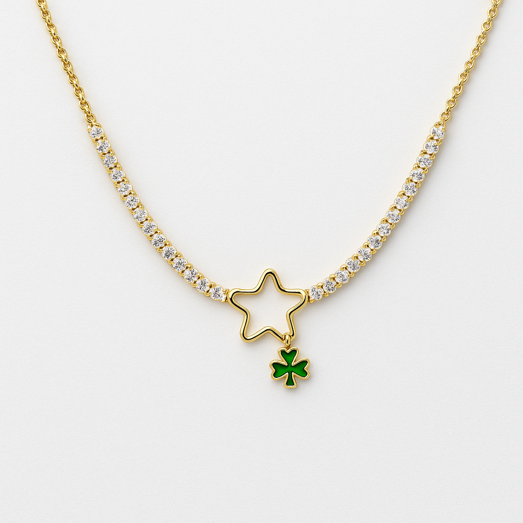 Tennis Necklace with Star and Quatrefoil – Gold with Shiny Crystals