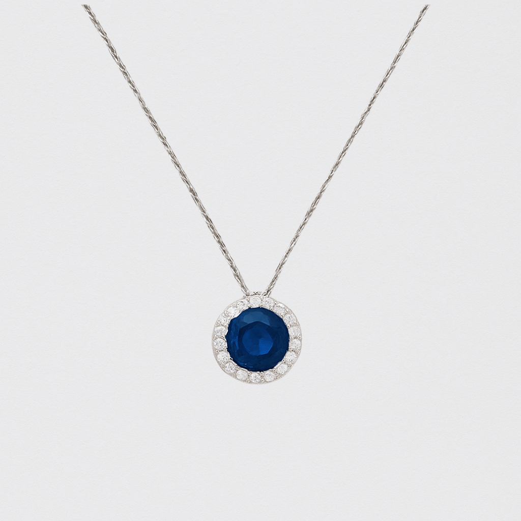 Rhodium Plated 925 Silver Necklace with Circular Pendant and Saffron – Deep Blue Luxury
