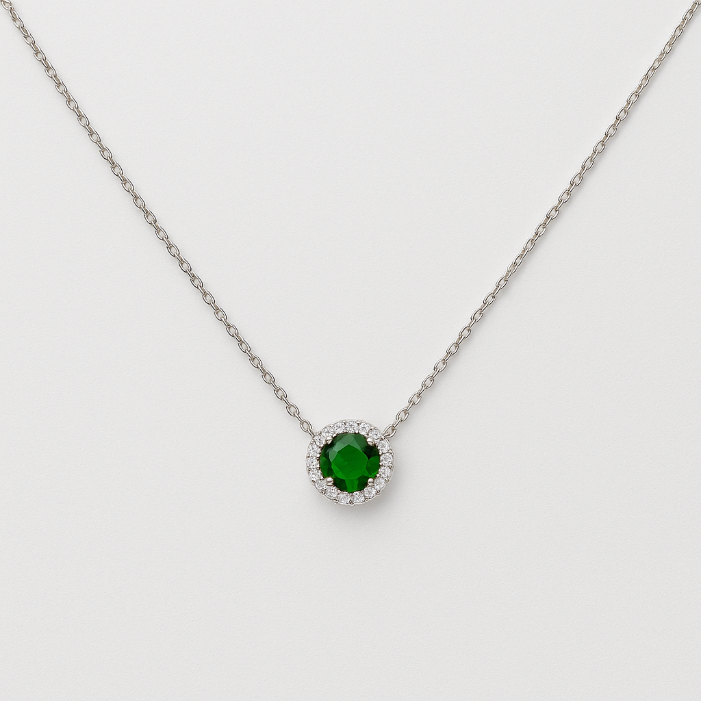 Rhodium Plated 925 Silver Necklace with Round Crystal and Emerald Pendant – 42 cm