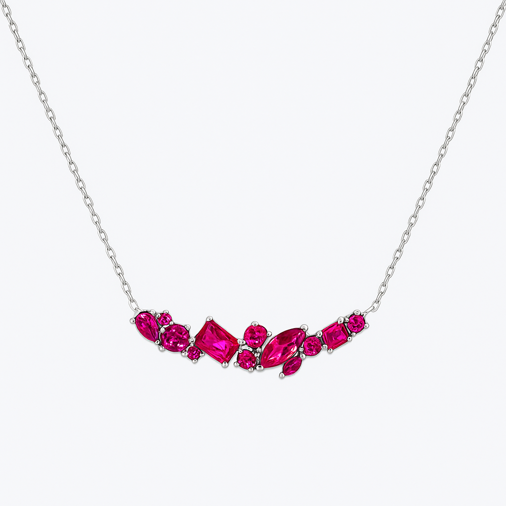 Rhodium Plated 925 Silver Necklace with Asymmetrical Rubies