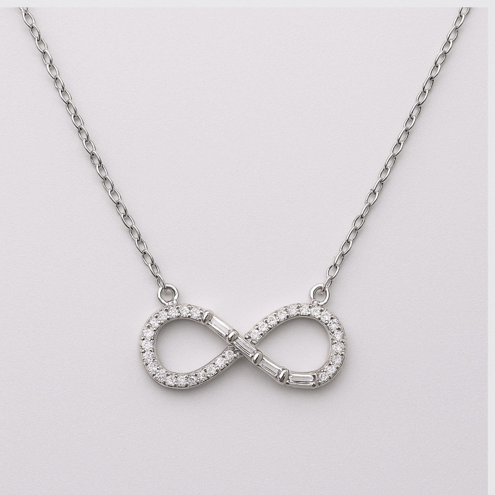 Rhodium Plated 925 Silver Necklace with Infinity Symbol and Crystal Pendant