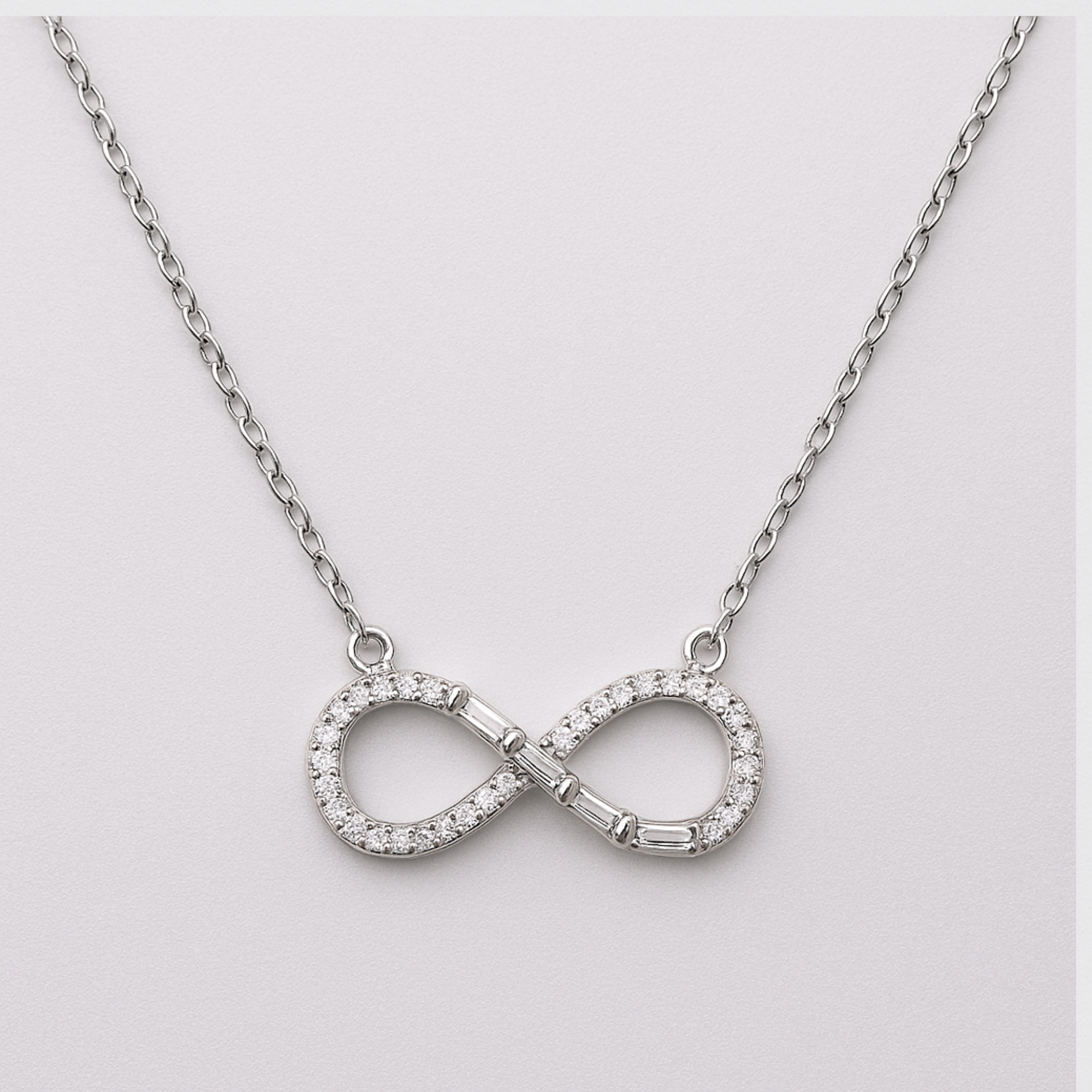 Rhodium Plated 925 Silver Necklace with Infinity Symbol and Crystal Pendant