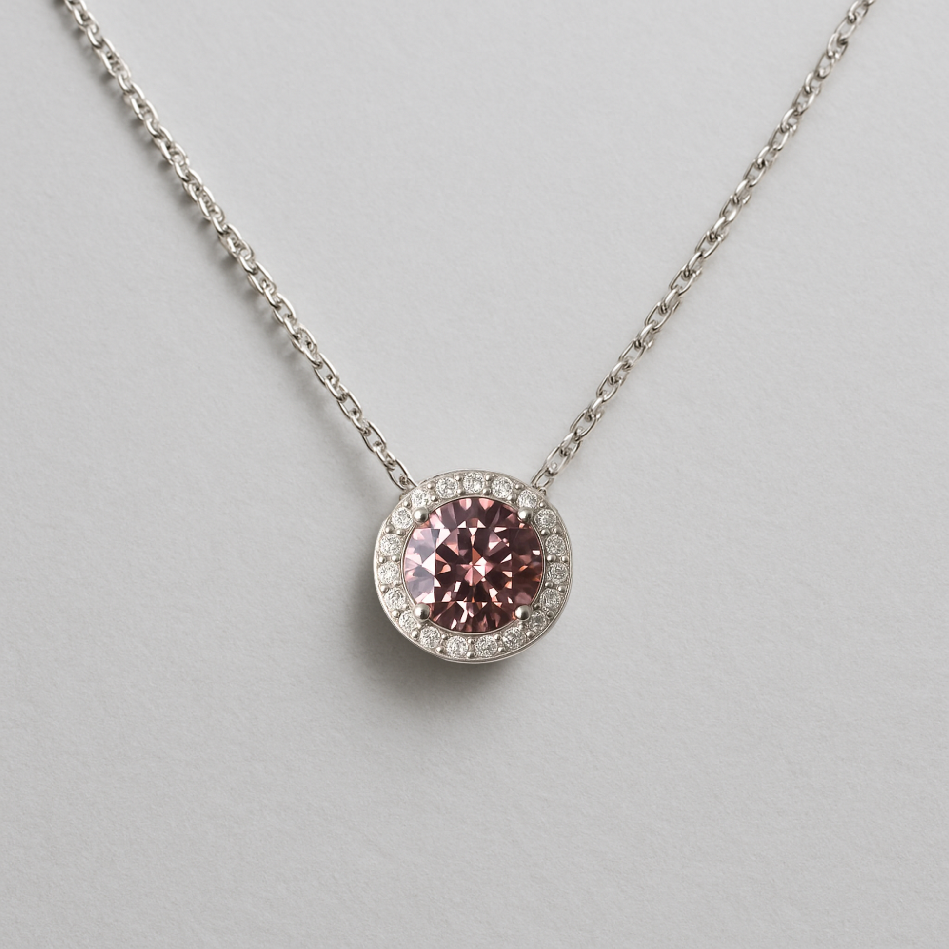 925 Silver Necklace with Central Pink Crystal and Zirconia