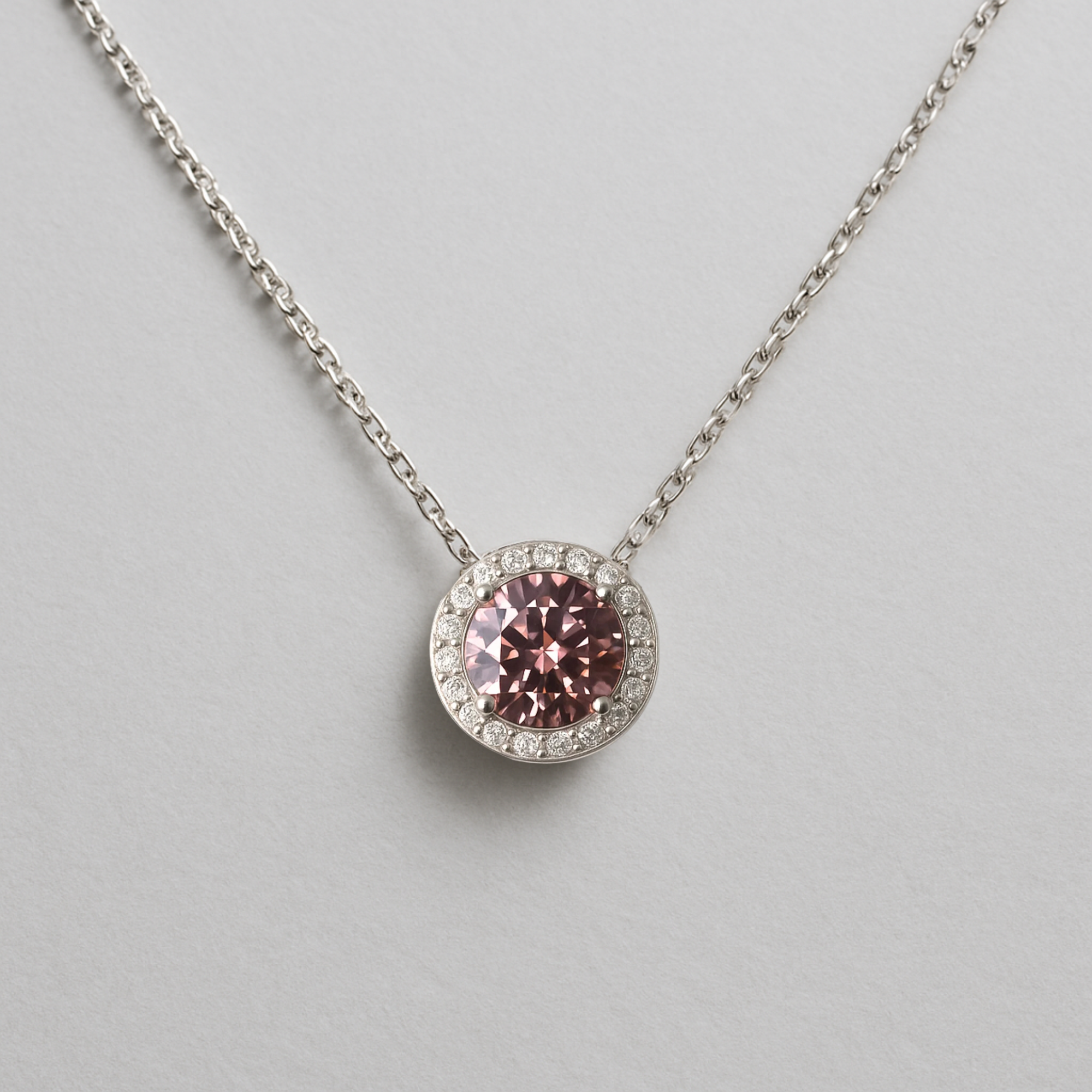 925 Silver Necklace with Central Pink Crystal and Zirconia