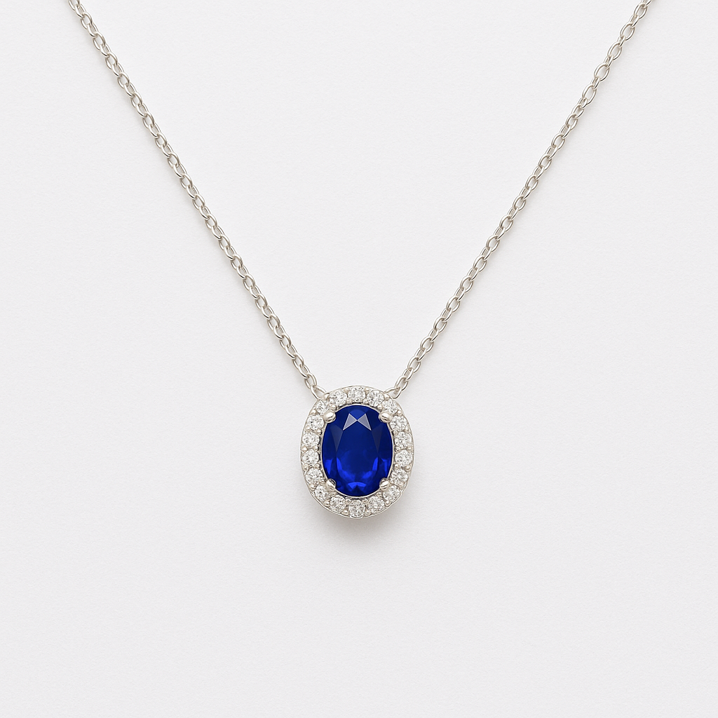 925 Silver Necklace with Oval Blue Stone and Zirconias
