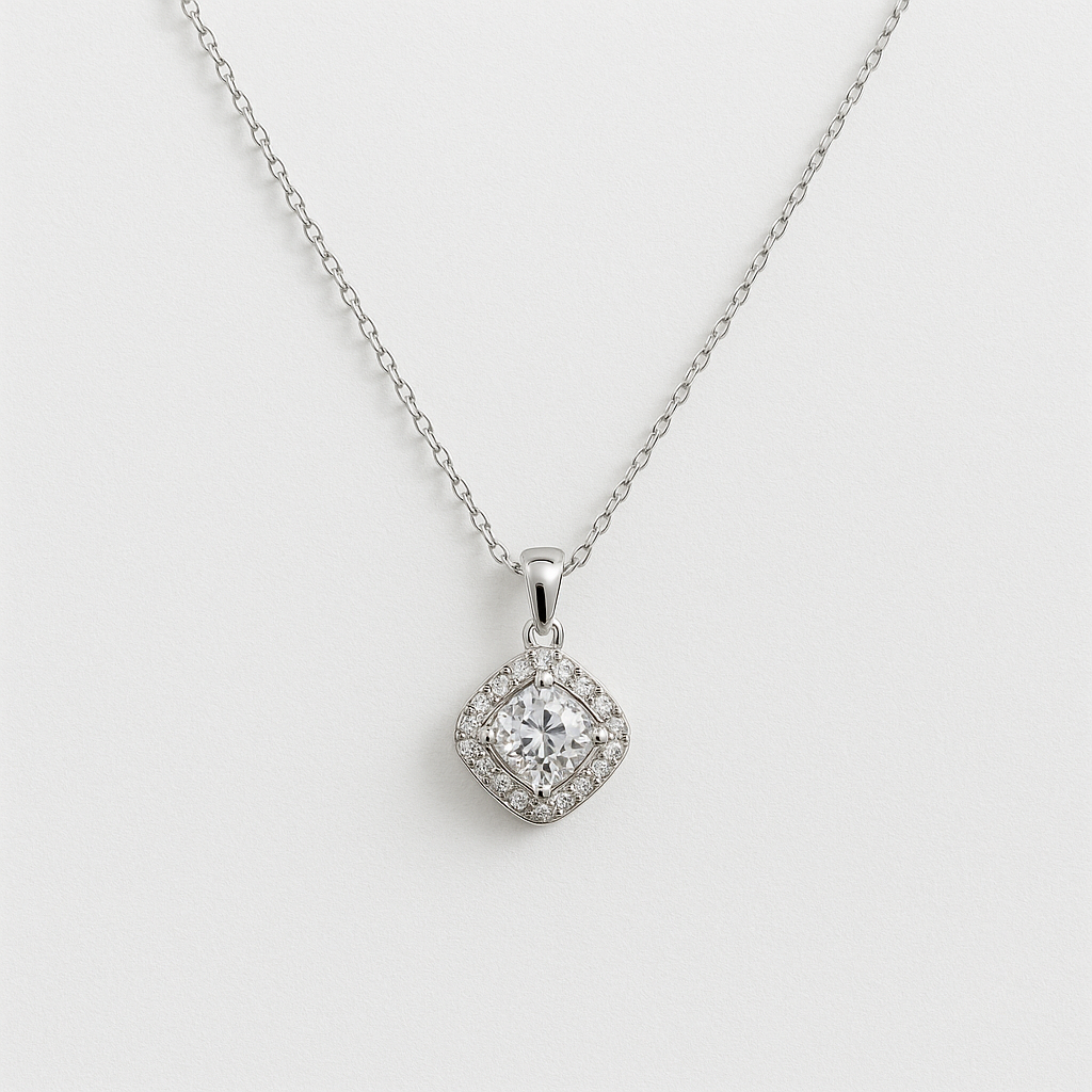 925 Silver Necklace with Rhombus Crystal Pendant with Rhodium Plating