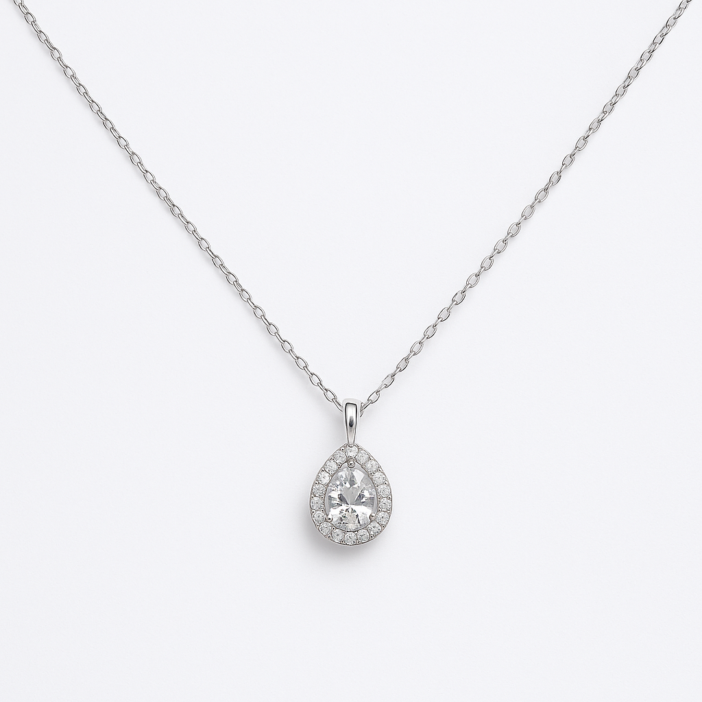 925 Silver Necklace with Teardrop Pendant and Central Crystal