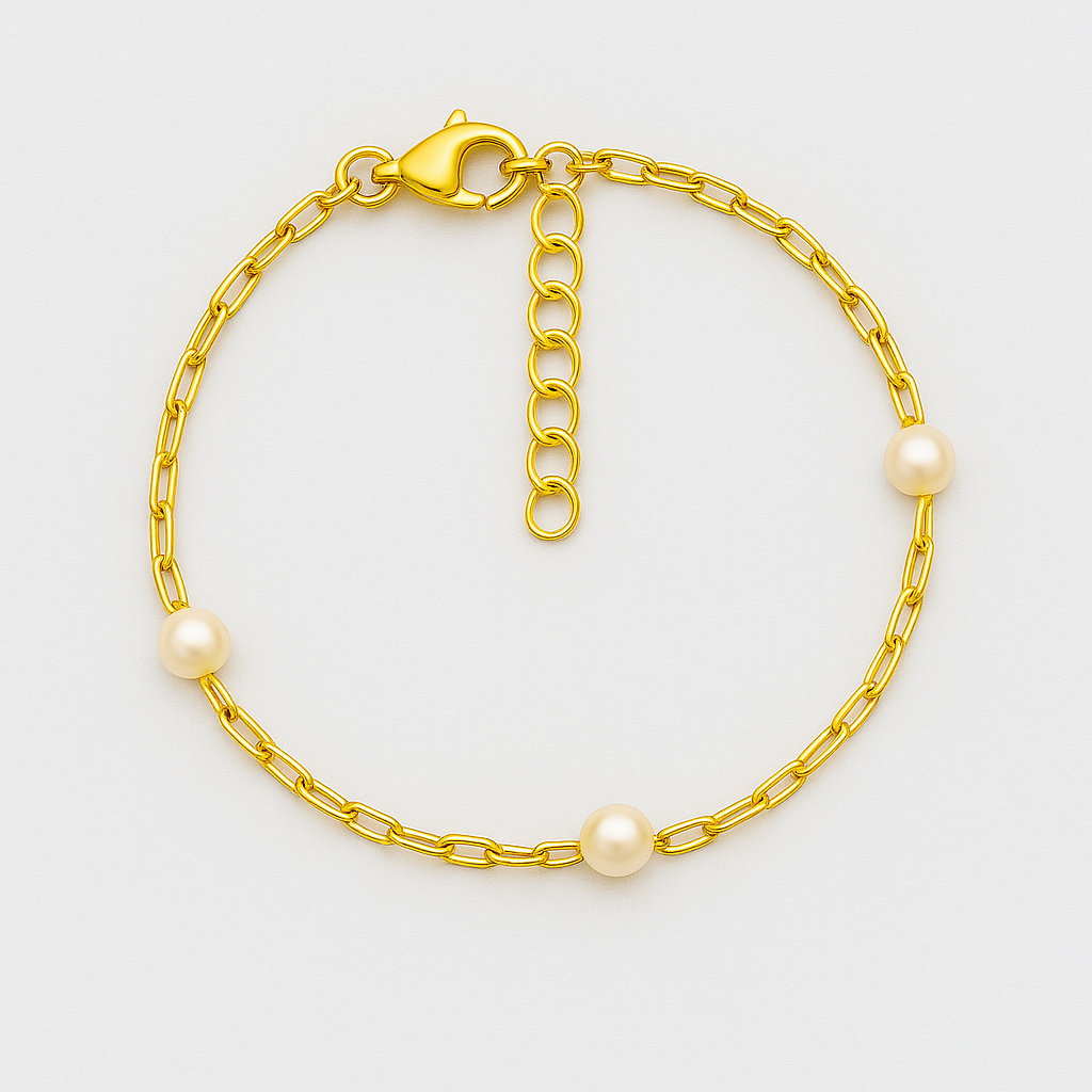 925 Silver Bracelet with Gold-Plated Pearls and Fine Link Chain