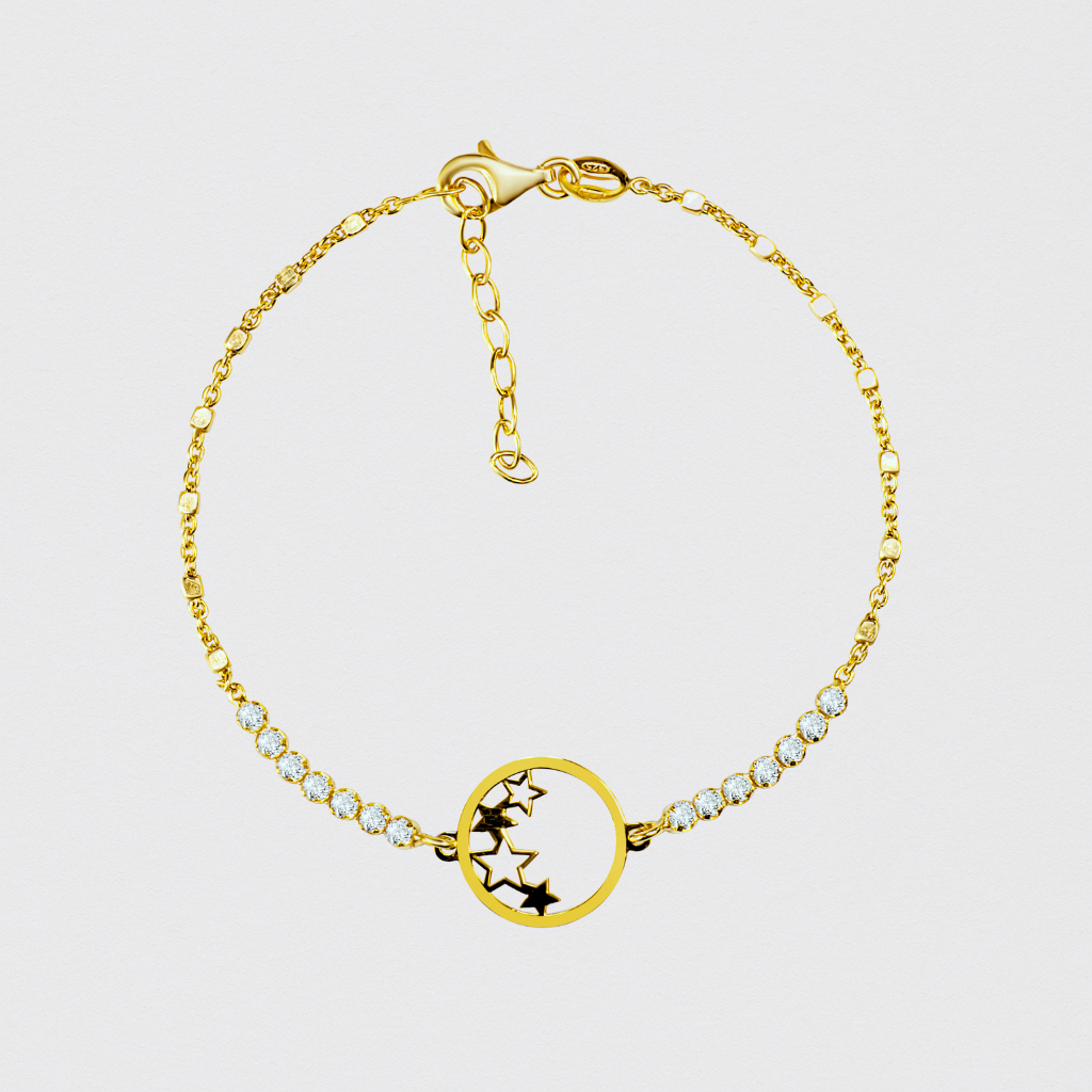 Pulseira Dourada Lua e Estrelas com Zircónias – Magia e Brilho Celestial