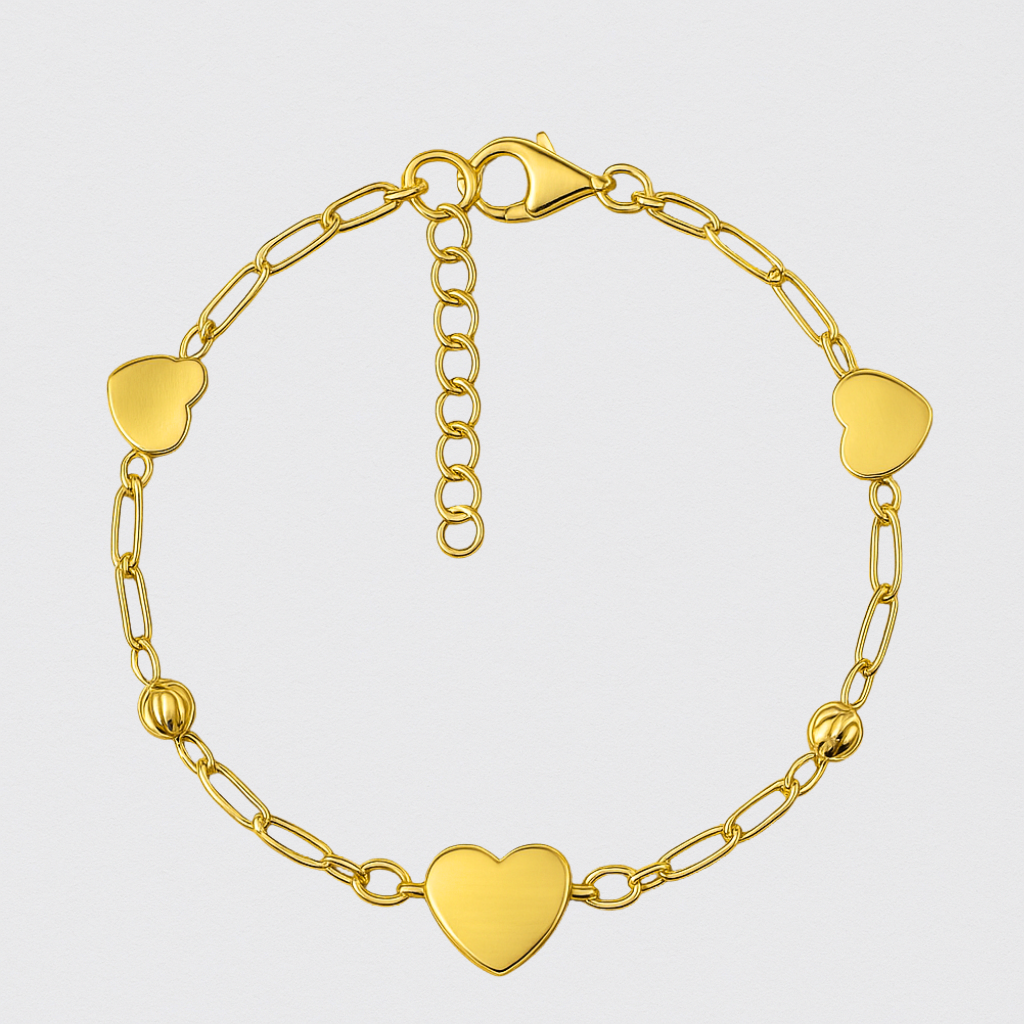 925 Silver Bracelet with Gold Plated Hearts and Decorative Spheres