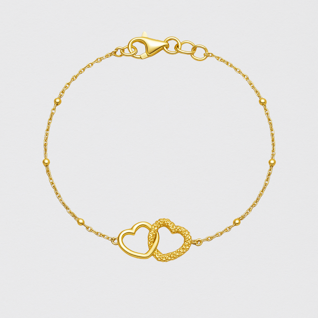 Golden Bracelet with Two Intertwined Hearts in 925 Silver