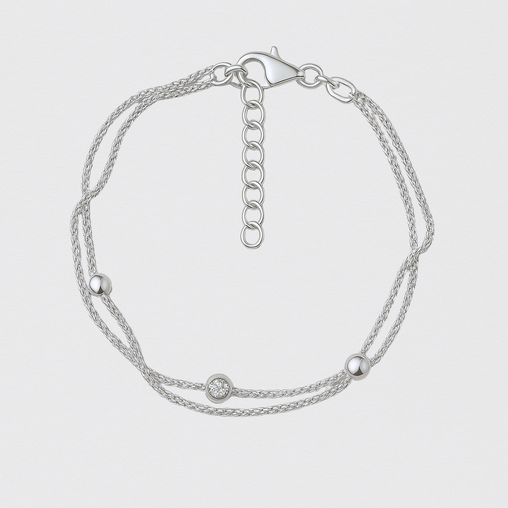 Rhodium Plated 925 Silver Bracelet with Double Chain and Zirconia – Minimalist Sophistication