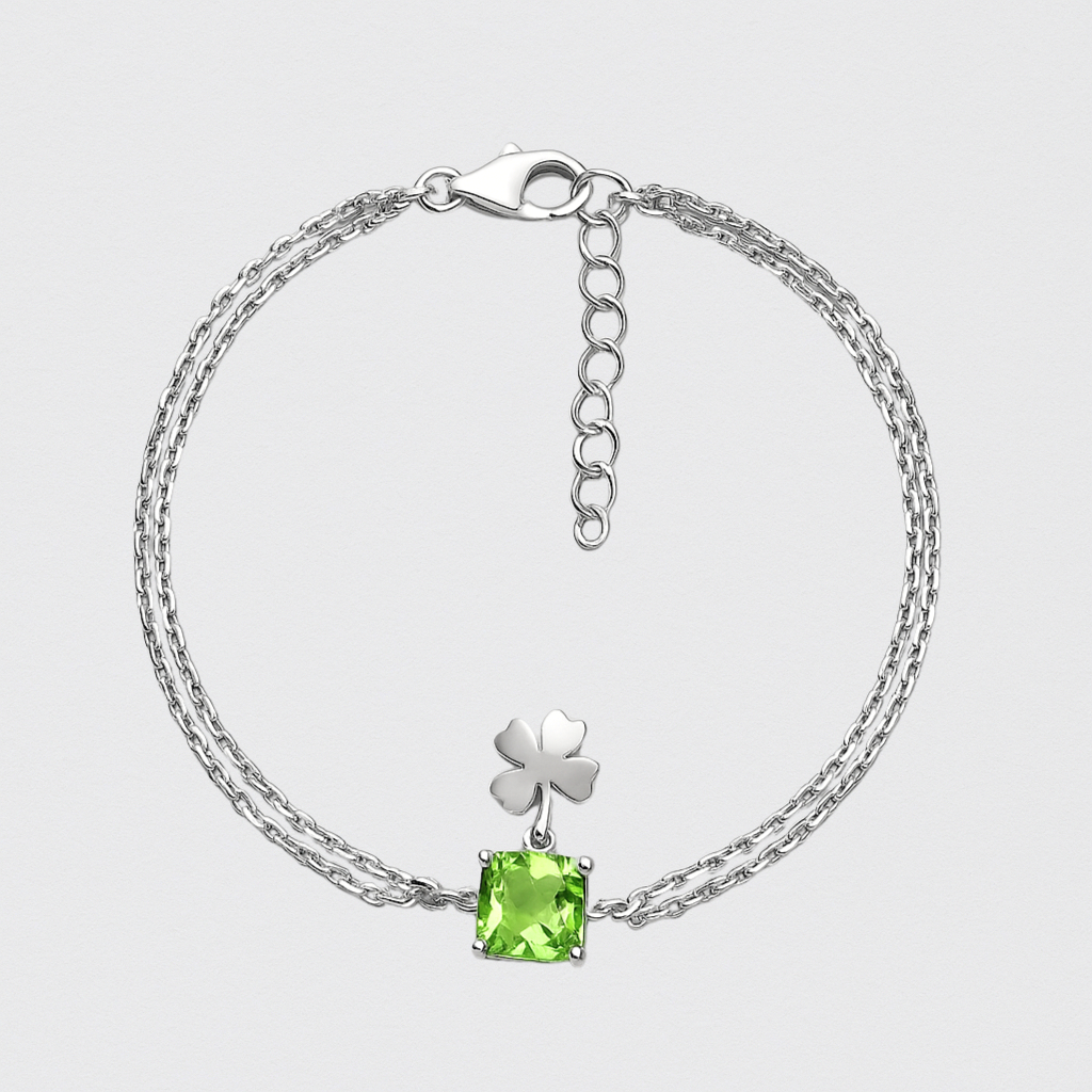 Rhodium Plated 925 Silver Bracelet with Clover and Green Stone – Luck with Style