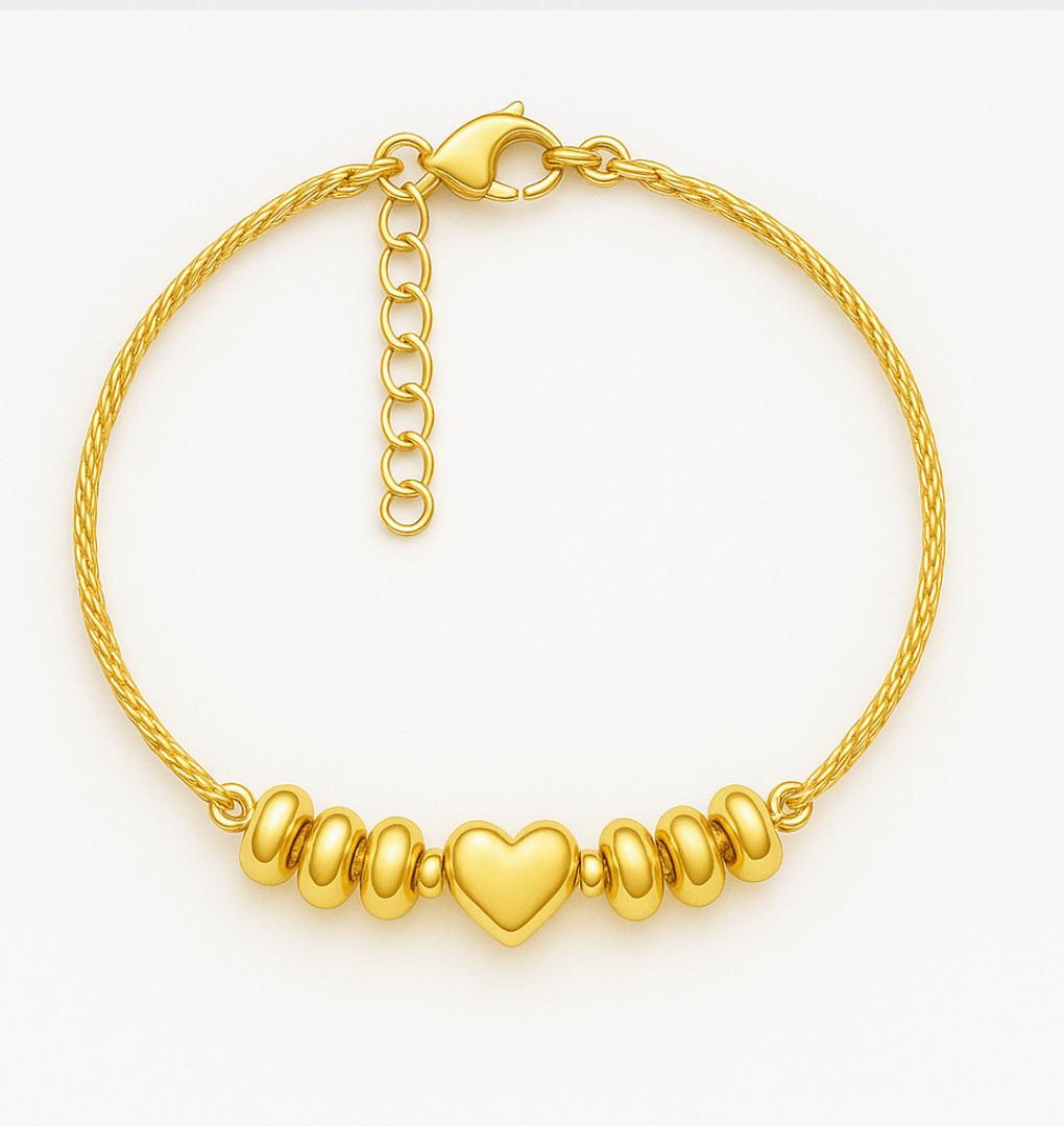 925 Silver Bracelet with Gold Beads and Central Heart
