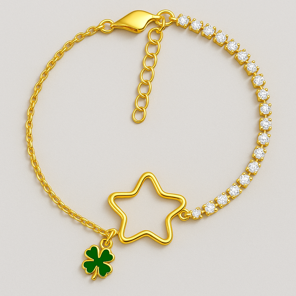 925 Silver Bracelet with Gold Plated Lucky Star and Clover