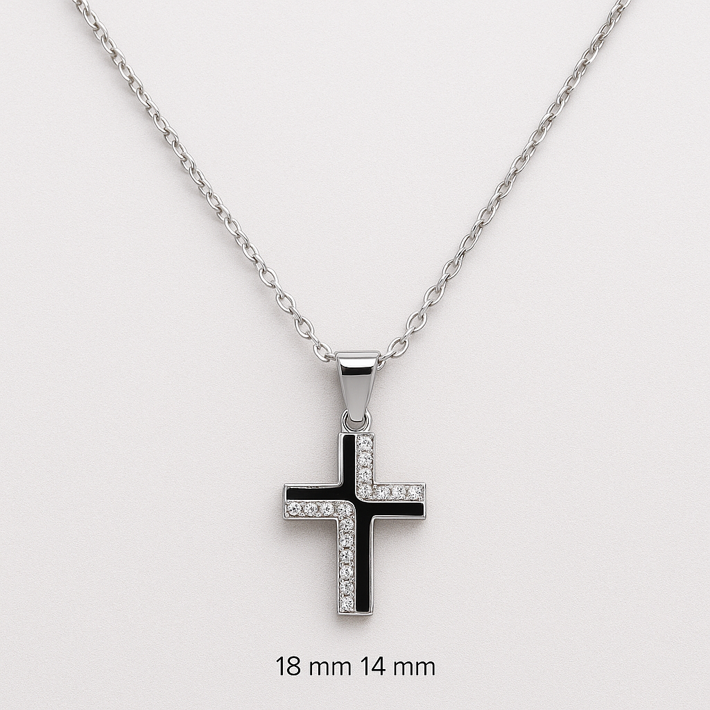 Rhodium Plated 925 Silver Necklace with Crystal-Studded Cross - Adjustable up to 43 cm
