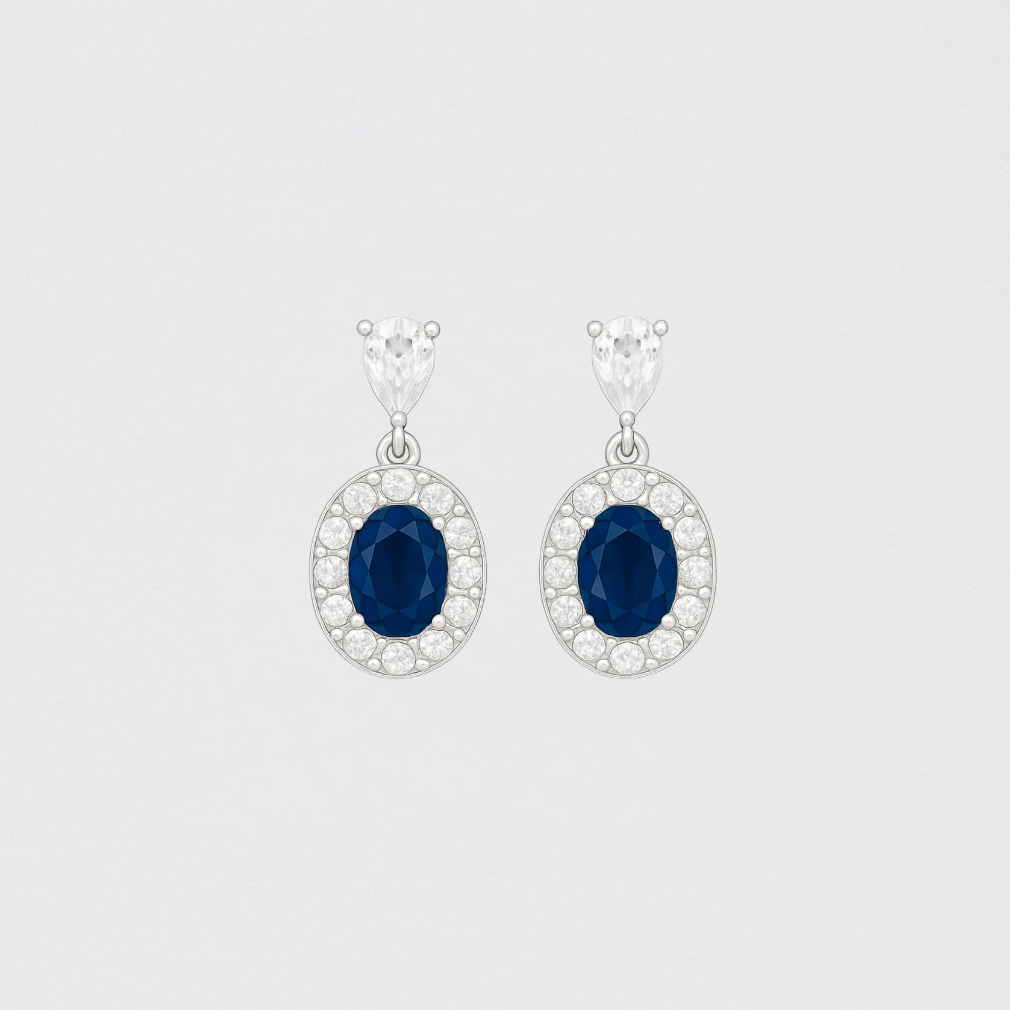 Classic 925 Silver Earrings with Oval Blue Crystals and Zirconias