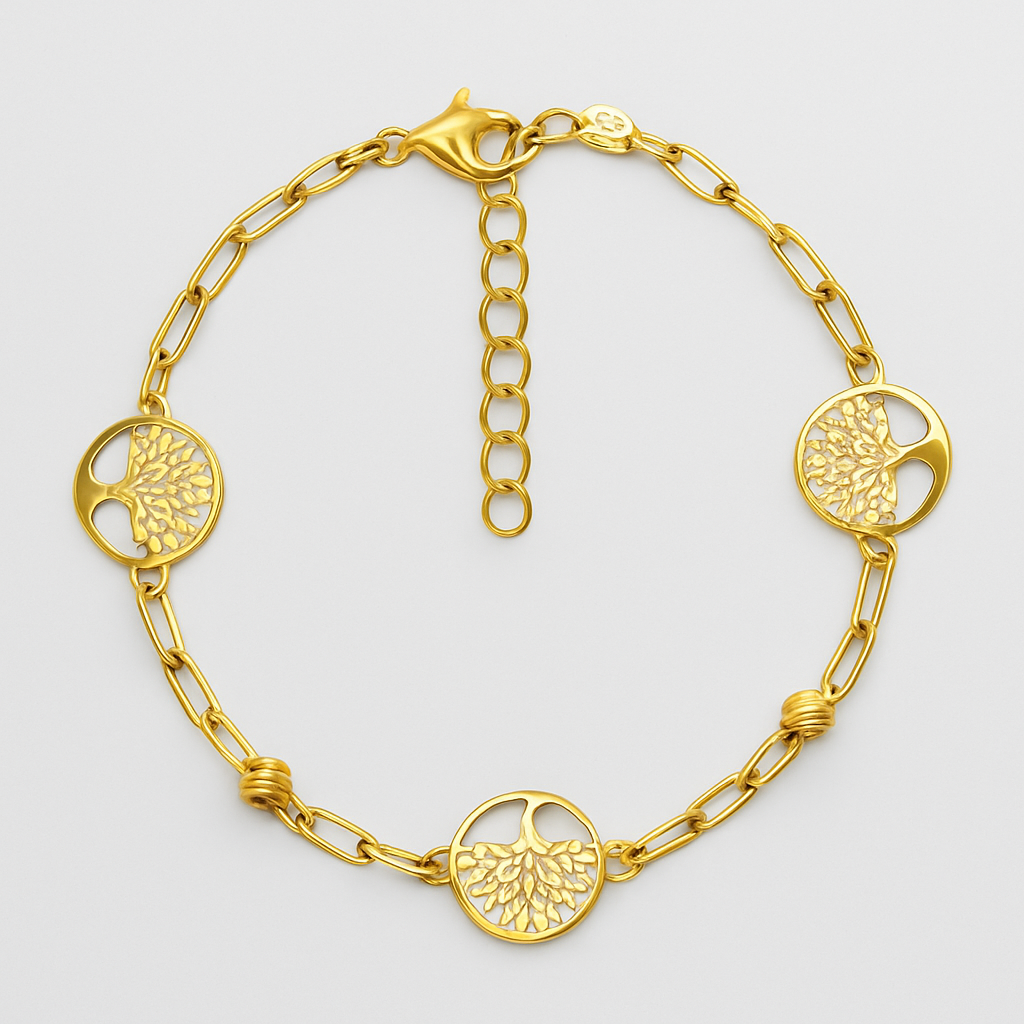 Golden Bracelet with Three Trees of Life in 925 Silver