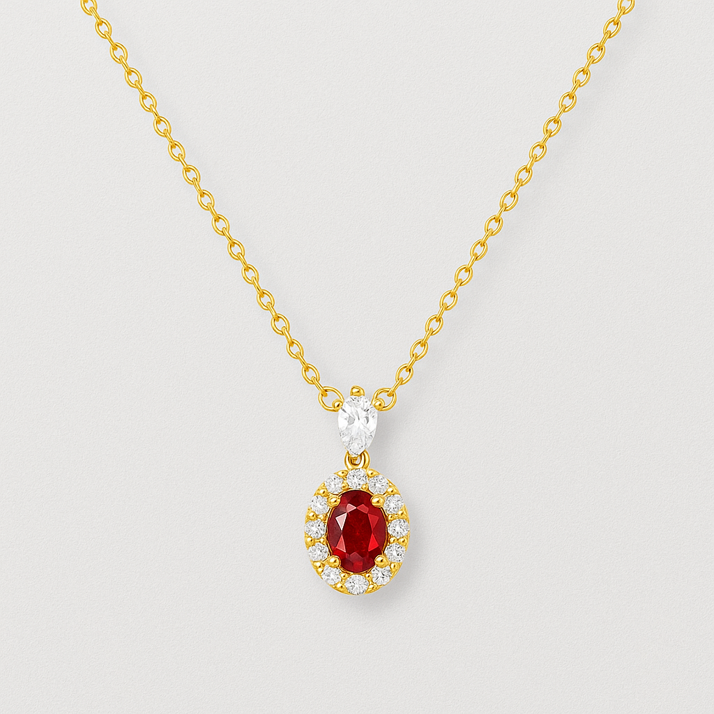 925 Silver Necklace with Oval Red Stone and Zirconias