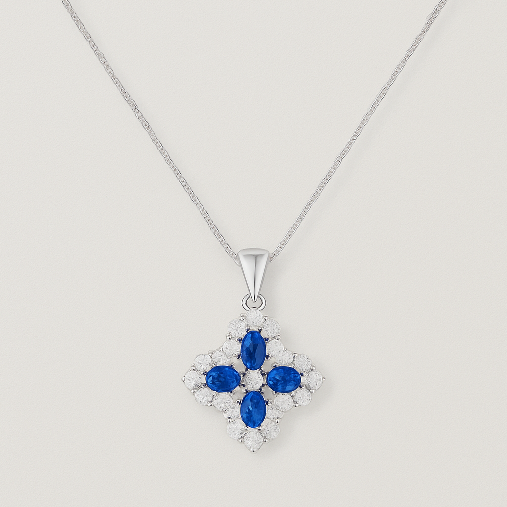 Silver Necklace with Blue Crystals in Floral Cross – 925 Silver with Zirconias