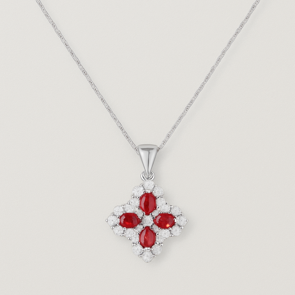 925 Silver Necklace with Red Crystals in Floral Cross
