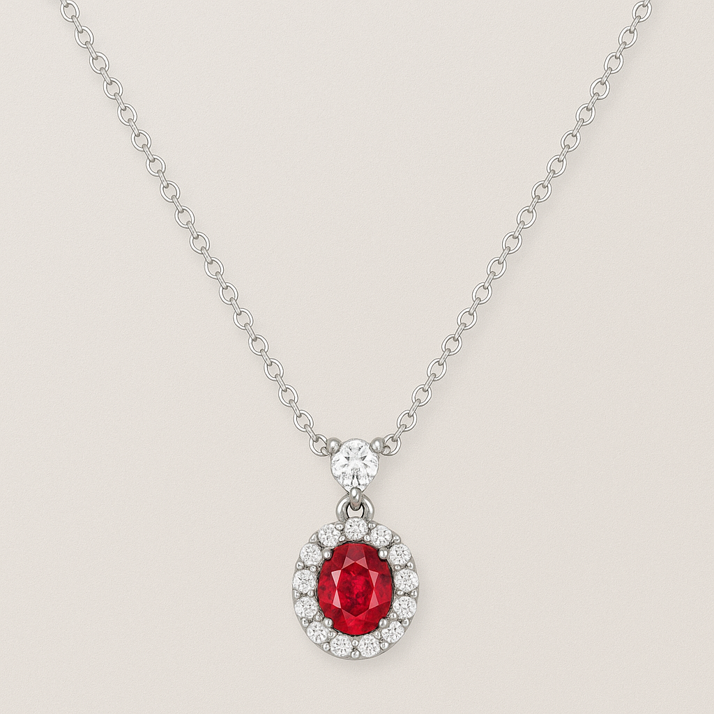 Colar Prateado com Pedra Vermelha Oval e Zircónias – Prata 925 Estilo Clássico