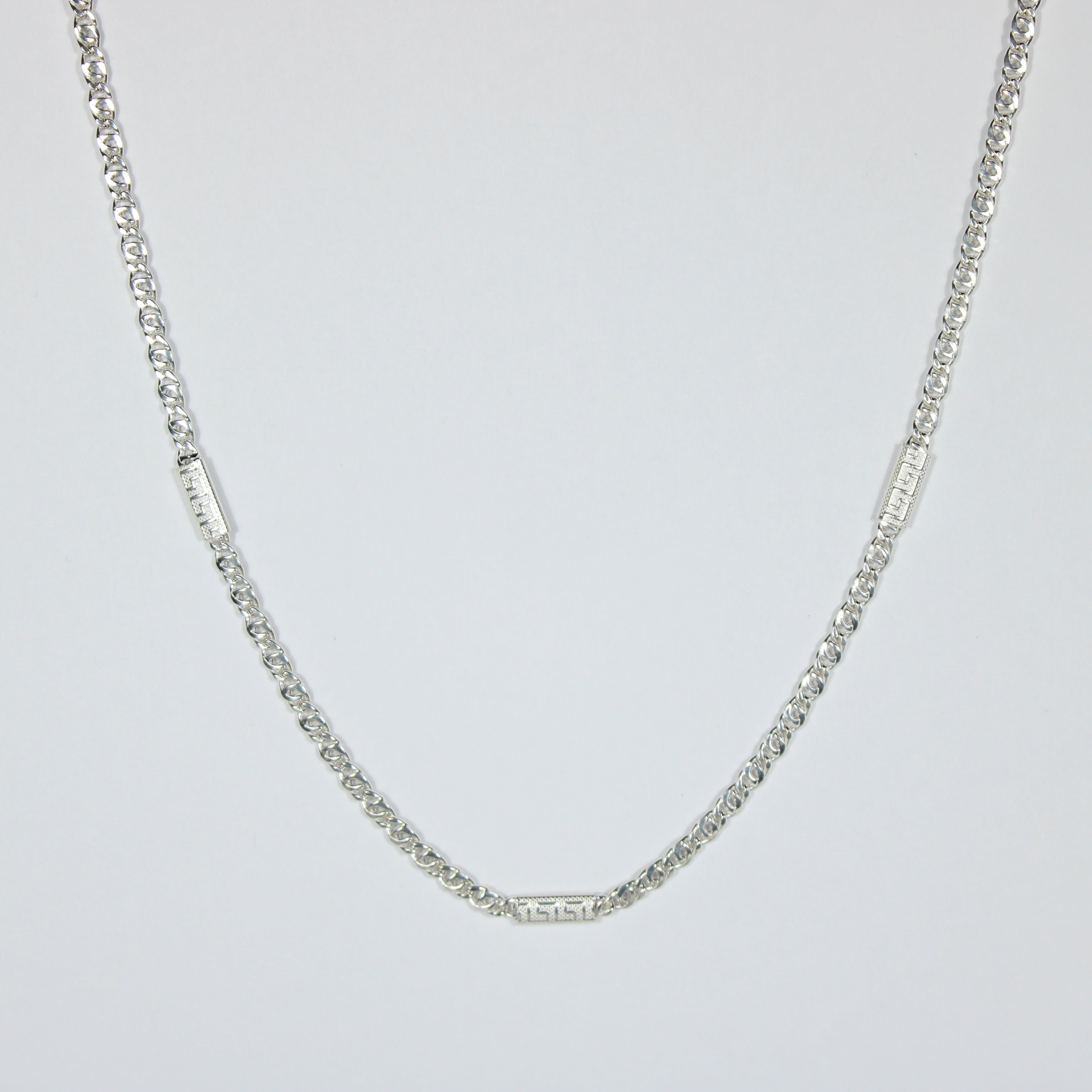 Valentino Necklace with 3+1 Links and Greek Plates in Rhodium Plated Silver