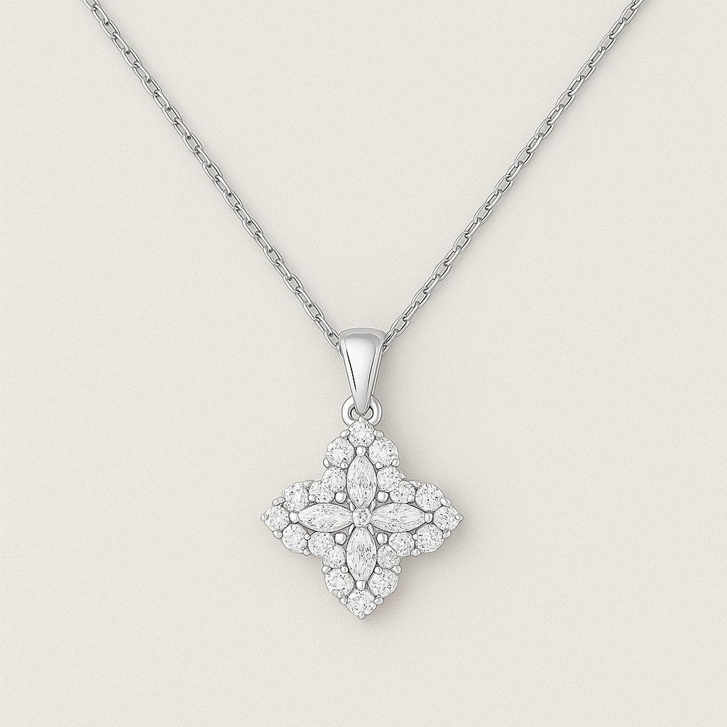 925 Silver Necklace with Floral Pendant in White Zirconias