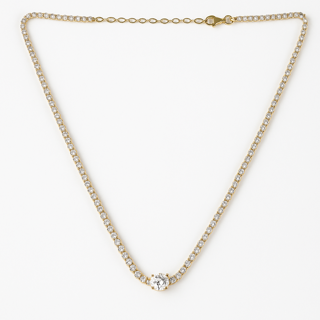 925 Gold Plated Silver Necklace with Crystals and 4x6 mm Oval Pendant